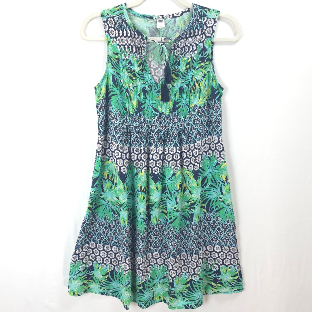 Tropical Boho Mini Dress Green Blue Palm Print Flowy Resort Sundress S